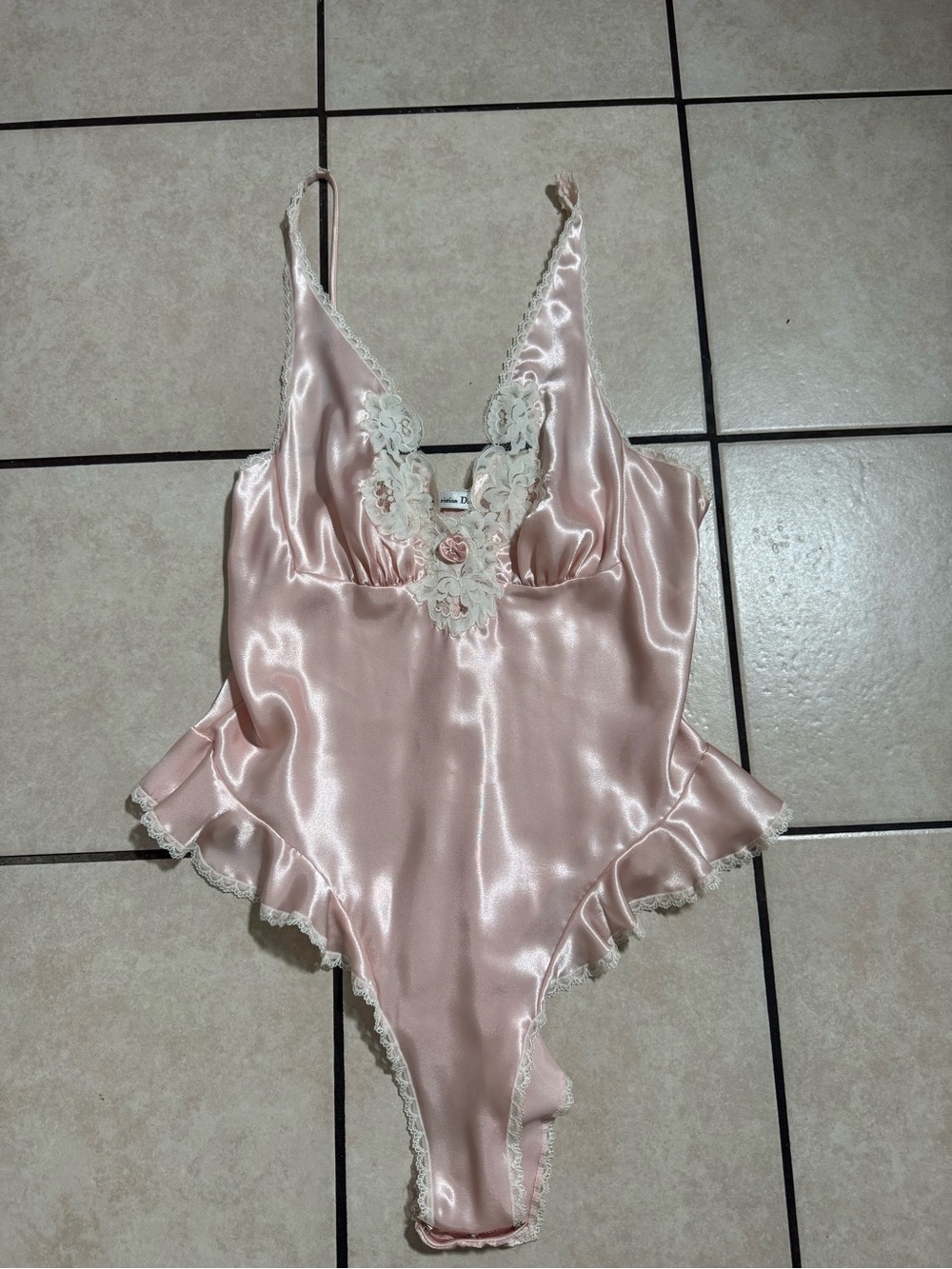 Dior vintage Pale Pink Satin Lace-Trim Slip Bodysuit
